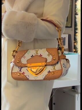 Louis Vuitton White Multicolor Monogram Shoulder Bag with Tan Trim